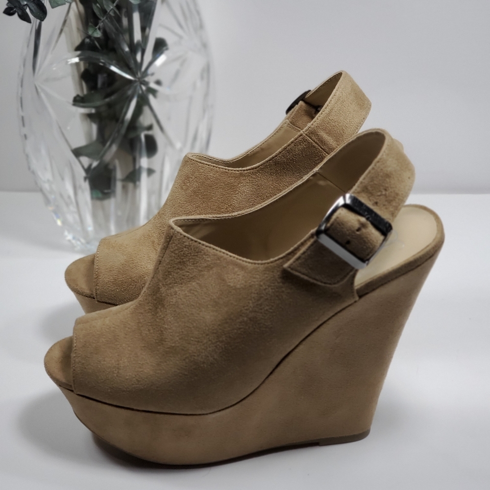 Suede Taupe Slingback Buckle Wedges Size 8.5